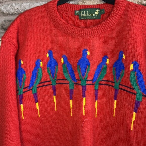 Tulchan Vintage Red Parrot 100% Wool British Made Sweater Size Large - Picture 6 of 8